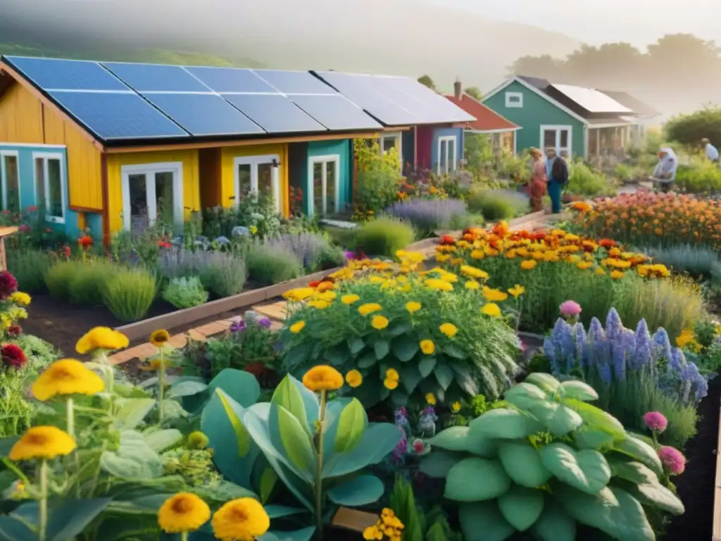 Hermoso jardín comunitario con plantas nativas y flores coloridas, vecinos de todas las edades cuidando el espacio juntos