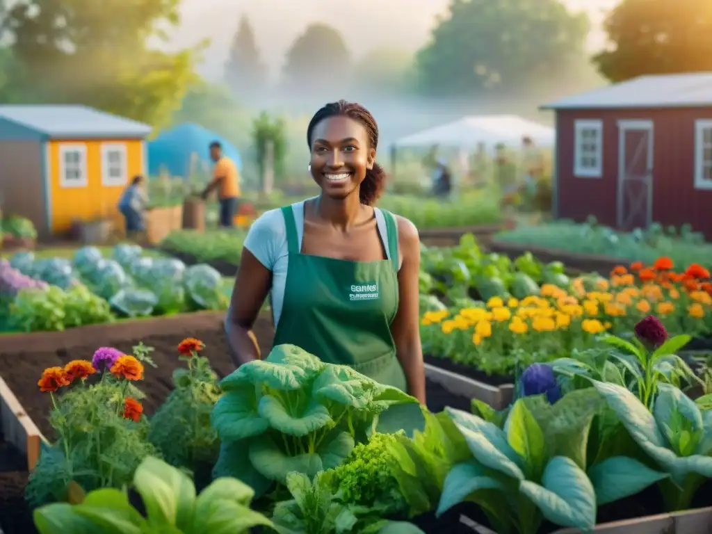 Hermoso jardín comunitario en una vecindad sostenible con residentes de todas las edades interactuando en tareas de jardinería