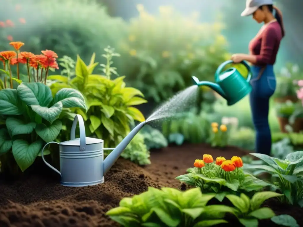 Hermoso jardín con flores coloridas siendo regadas, conservación agua jardinería uso eficiente