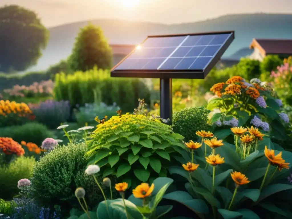 Hermoso jardín lleno de flores coloridas y plantas, con un panel solar integrado discretamente