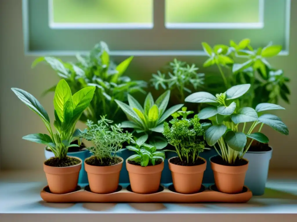 Cultivar hierbas frescas en casa: Detalle vibrante de hierbas frescas en macetas en un alféizar soleado