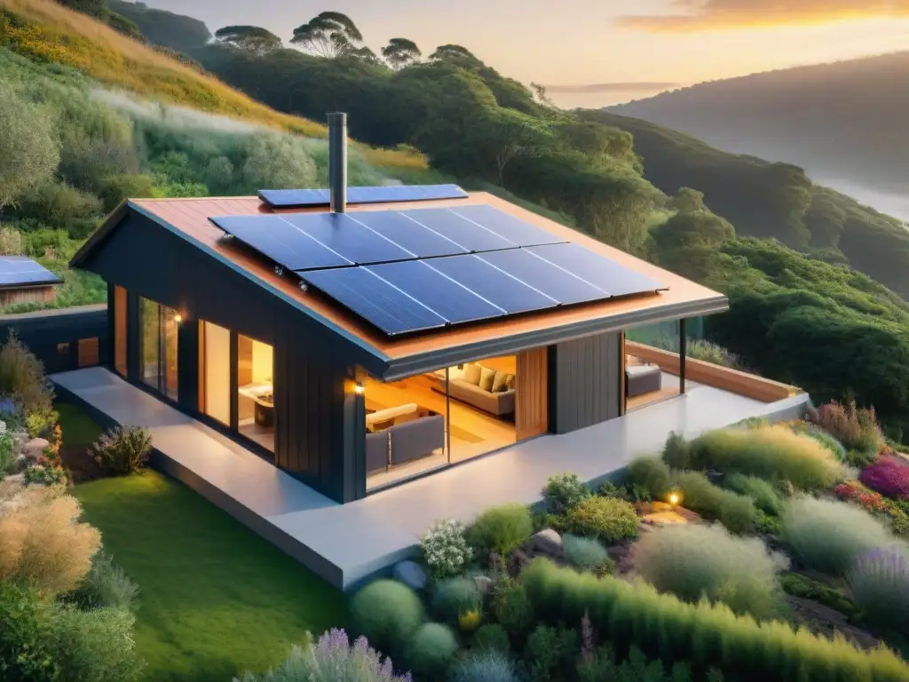 Transforma tu hogar en ecológico con esta casa sostenible rodeada de naturaleza y tecnología ecoamigable al atardecer