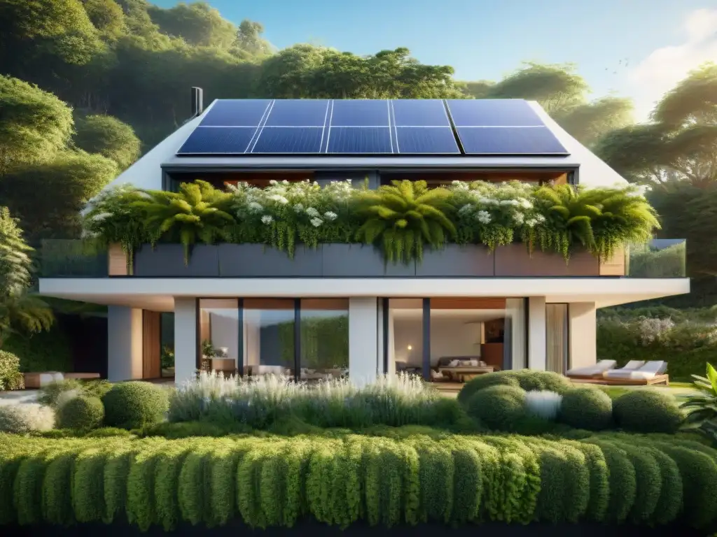 Un hogar ecoamigable con jardines verticales y paneles solares, armonizando naturaleza y tecnología sostenible