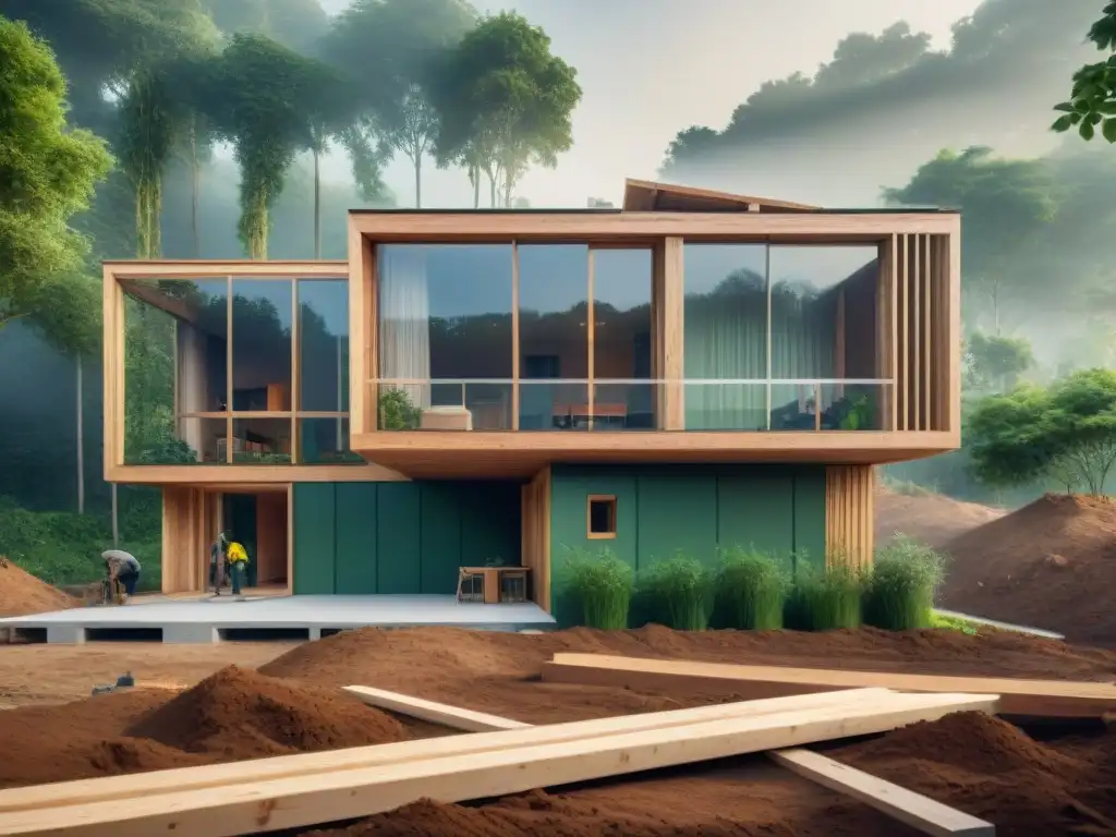 Construcción hogar ecoamigable con materiales reciclados y paneles solares, obreros en cascos verdes, rodeada de naturaleza