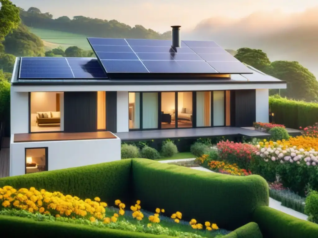 Hogar ecoamigable con paneles solares, rodeado de verde y jardín colorido