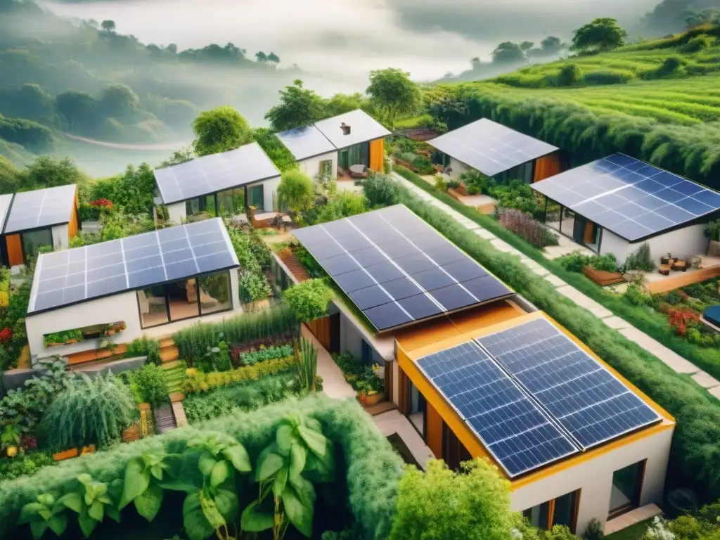 Un hogar ecoamigable con paneles solares y jardín, rodeado de naturaleza