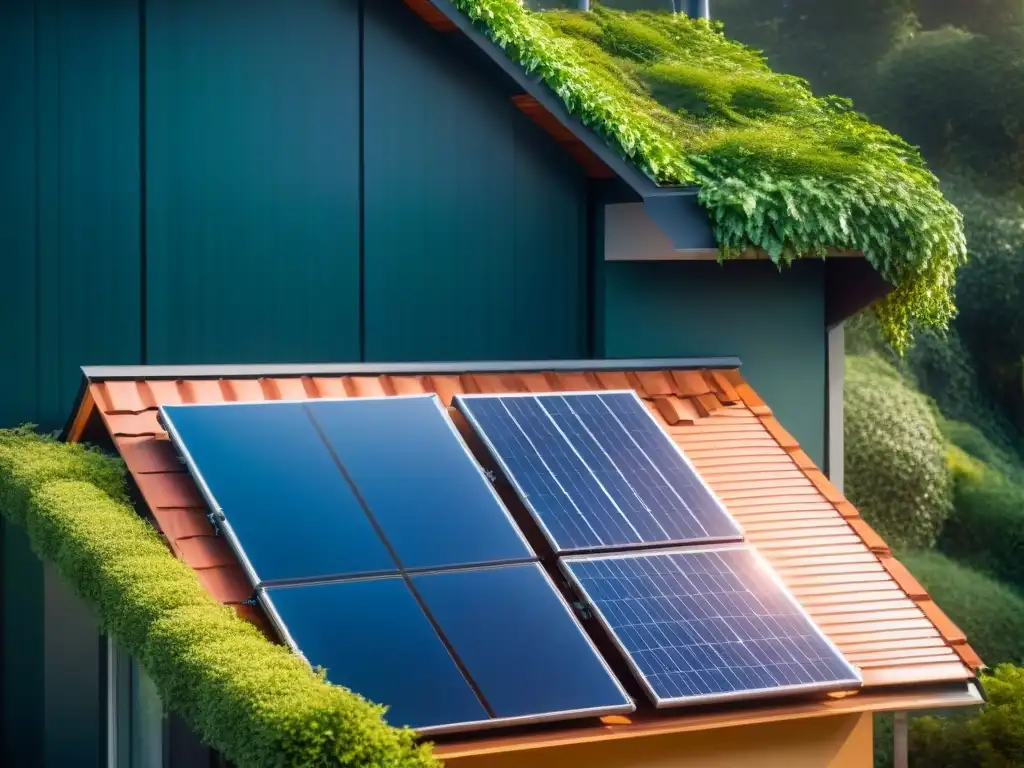 Un hogar ecoamigable con paneles solares en el techo, rodeado de vegetación