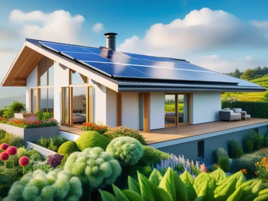 Hogar ecoamigable con paneles solares, jardín verde y normativas arquitectura sostenible para hogares