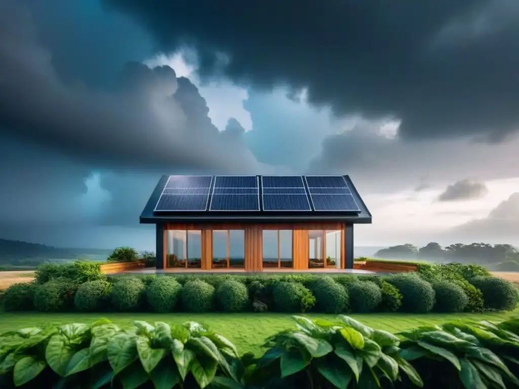 Un hogar ecoamigable y resistente destaca ante la tormenta, con paneles solares y vegetación