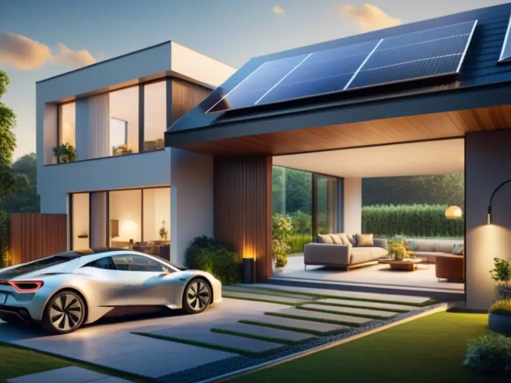 Hogar ecoamigable con tecnología verde para hogar, paneles solares, jardín verde y cargador para vehículos eléctricos