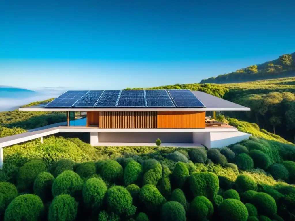 Hogar ecoamigable con tecnología para vivienda sostenible: paneles solares, techos verdes y diseño moderno en armonía con la naturaleza