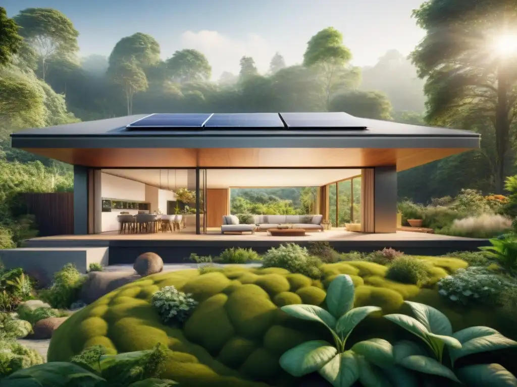 Un hogar ecoeficiente y ecológico integrado en la naturaleza con paneles solares, sistema de recolección de agua de lluvia y jardín