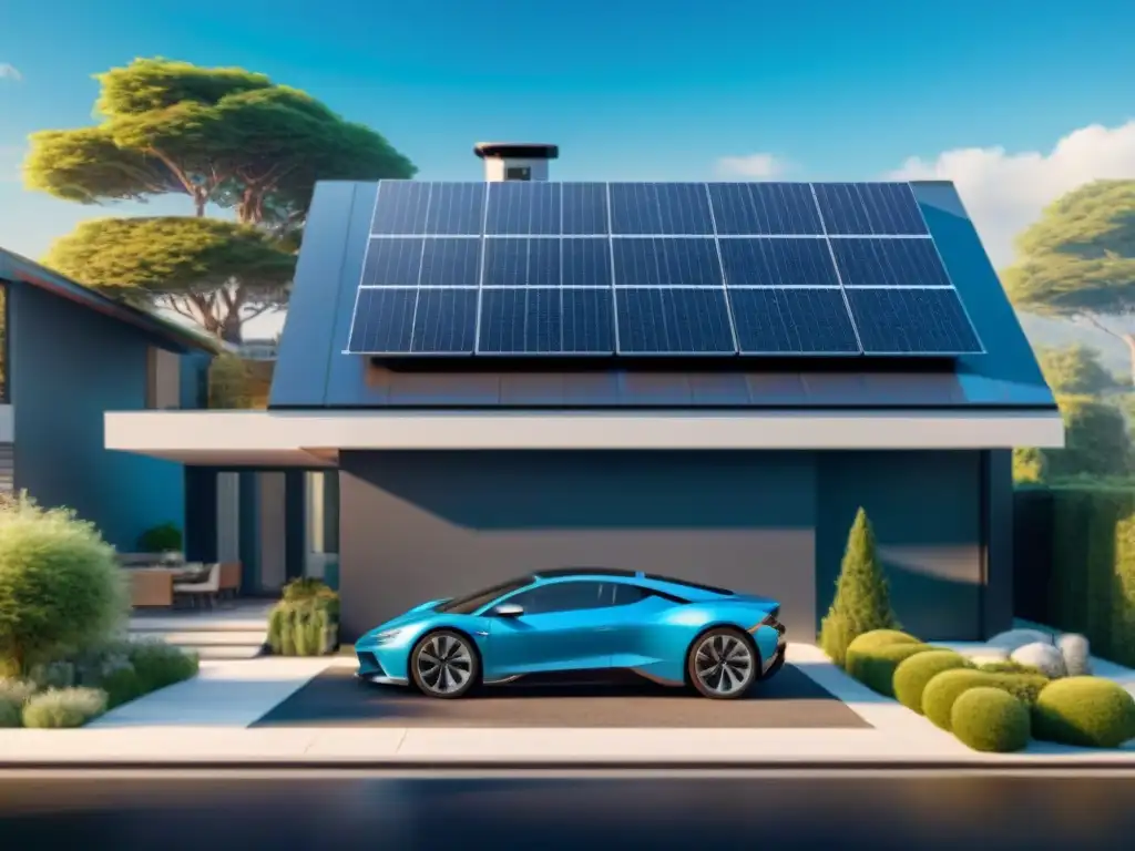 Hogar ecoeficiente con paneles solares, turbina eólica y auto eléctrico