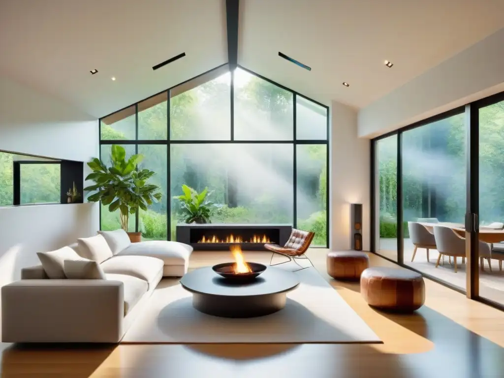 Interior ecofriendly con sistema de climatización integrado Un hogar ecofriendly con sistemas ecológicos de calefacción y refrigeración integrados, lleno de luz natural y plantas verdes