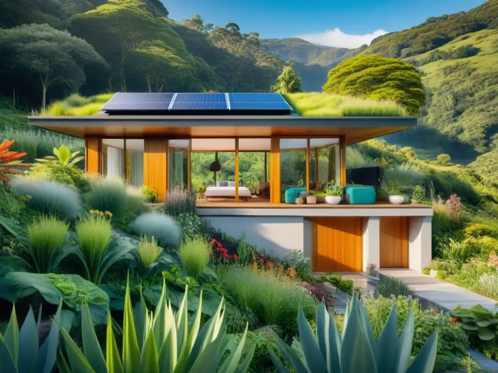 Hogar ecológico en armonía con la naturaleza, diseño sostenible y jardín vibrante