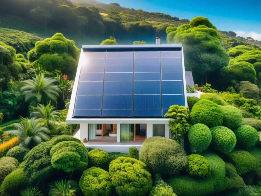 Hogar ecológico con paneles solares integrados en diseño moderno, rodeado de naturaleza