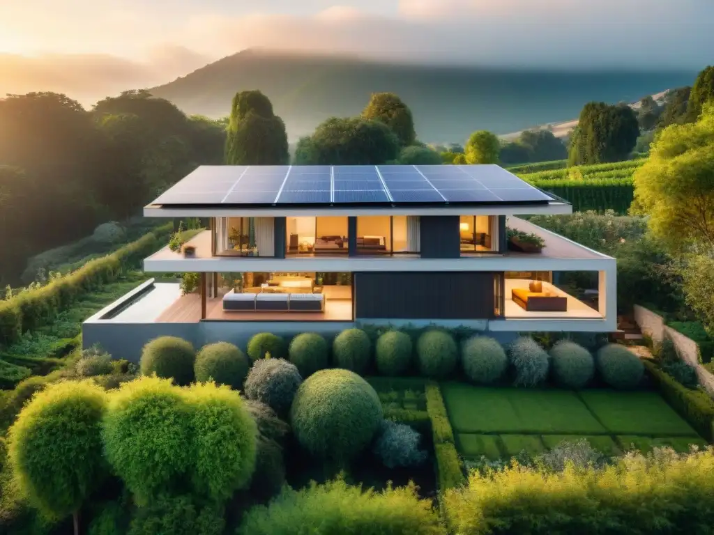 Un hogar ecológico con paneles solares, rodeado de vegetación, en armonía con la naturaleza al atardecer