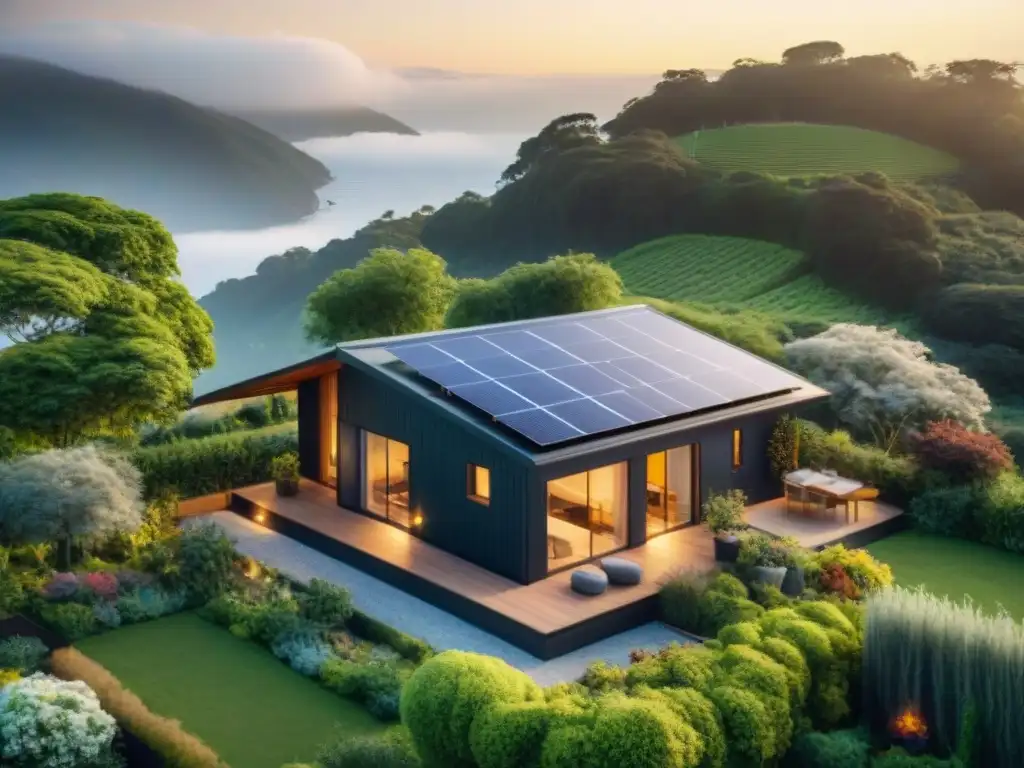 Un hogar ecológico con paneles solares, rodeado de naturaleza, jardín y luz cálida al atardecer