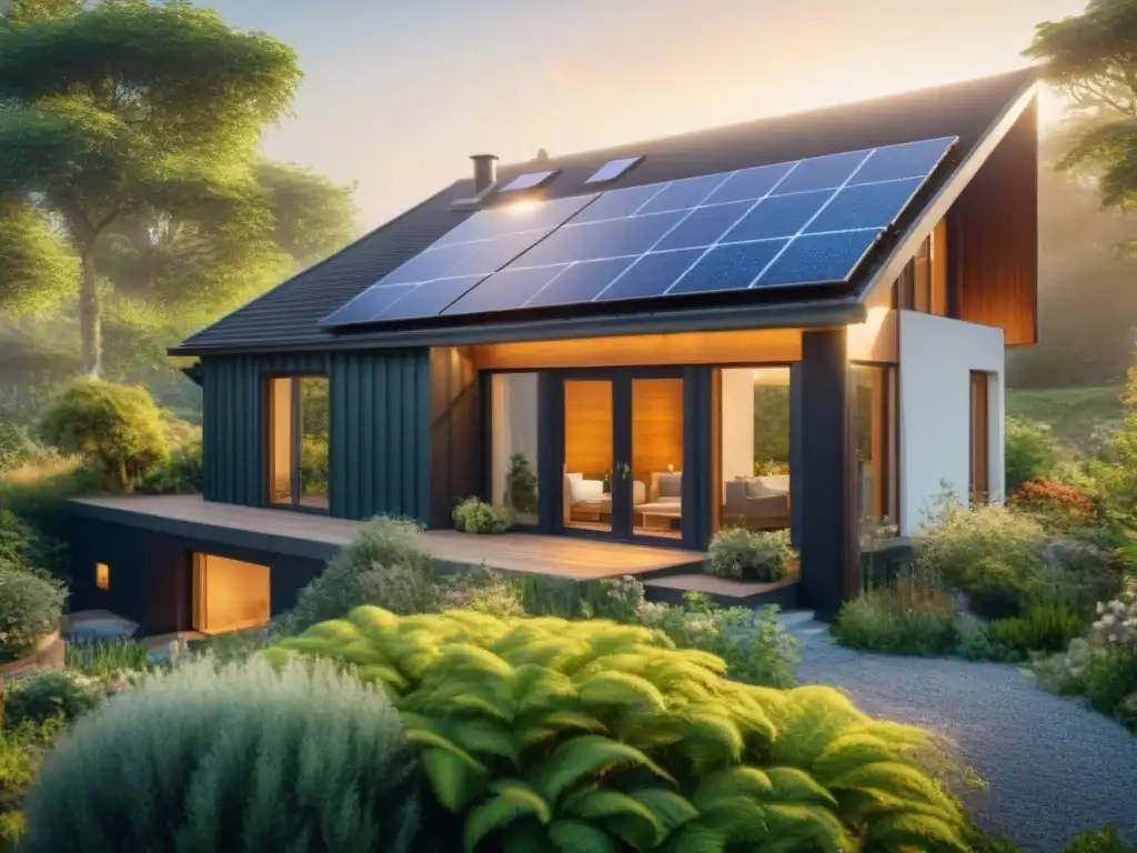 Hogar ecológico moderno: diseño sostenible y armonía con la naturaleza Hogar ecológico con paneles solares, techo verde y jardín nativo, reflejando armonía con la naturaleza