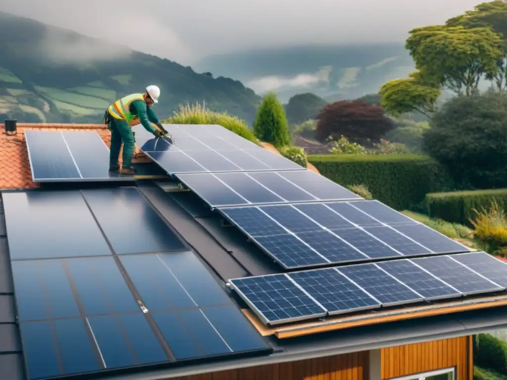Renovación ecoamigable: instalación de paneles solares y jardín sostenible Hogar ecológico en renovación con paneles solares, ventanas eficientes y jardín sostenible