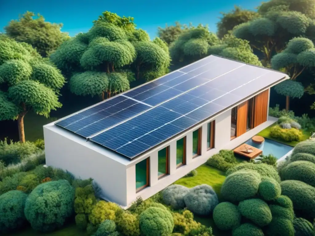 Un hogar ecológico con paneles solares, rodeado de naturaleza, familia disfrutando del patio