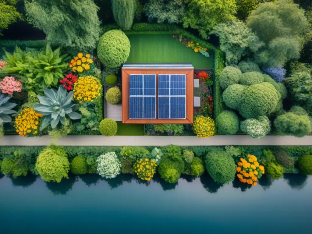 Un hogar ecológico rodeado de naturaleza exuberante y sostenible, con paneles solares y jardín, ideal para seguros para viviendas ecológicas