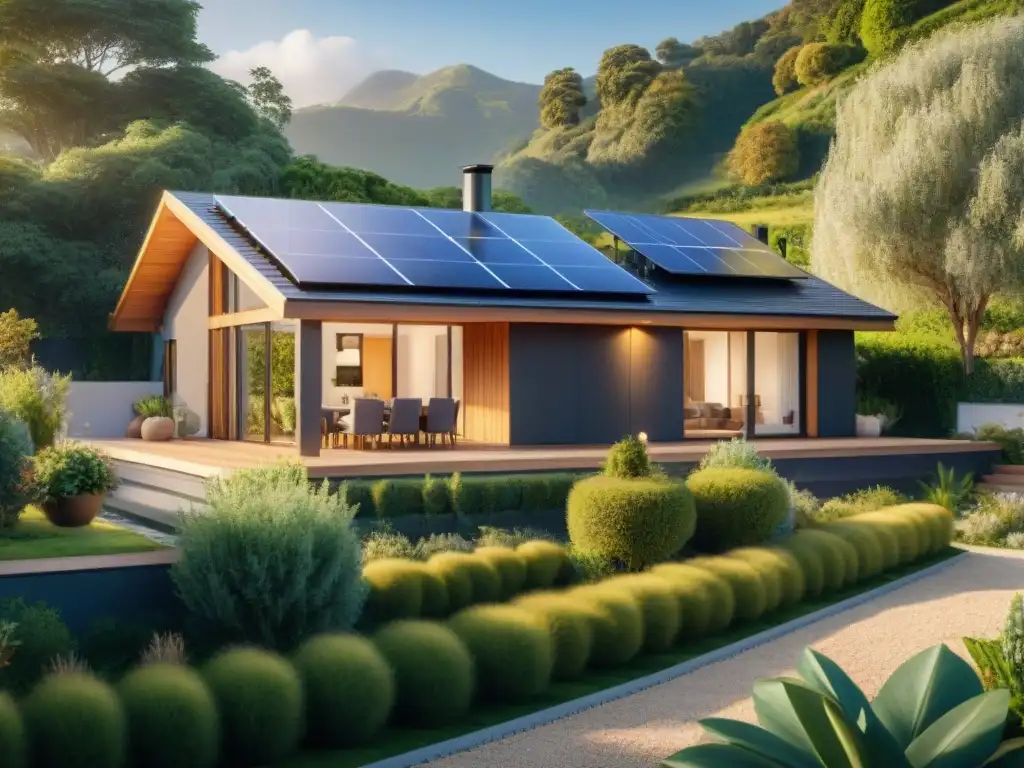 Un hogar inteligente y ecológico con tecnología Smart Home eficiente energía, paneles solares y exuberante vegetación