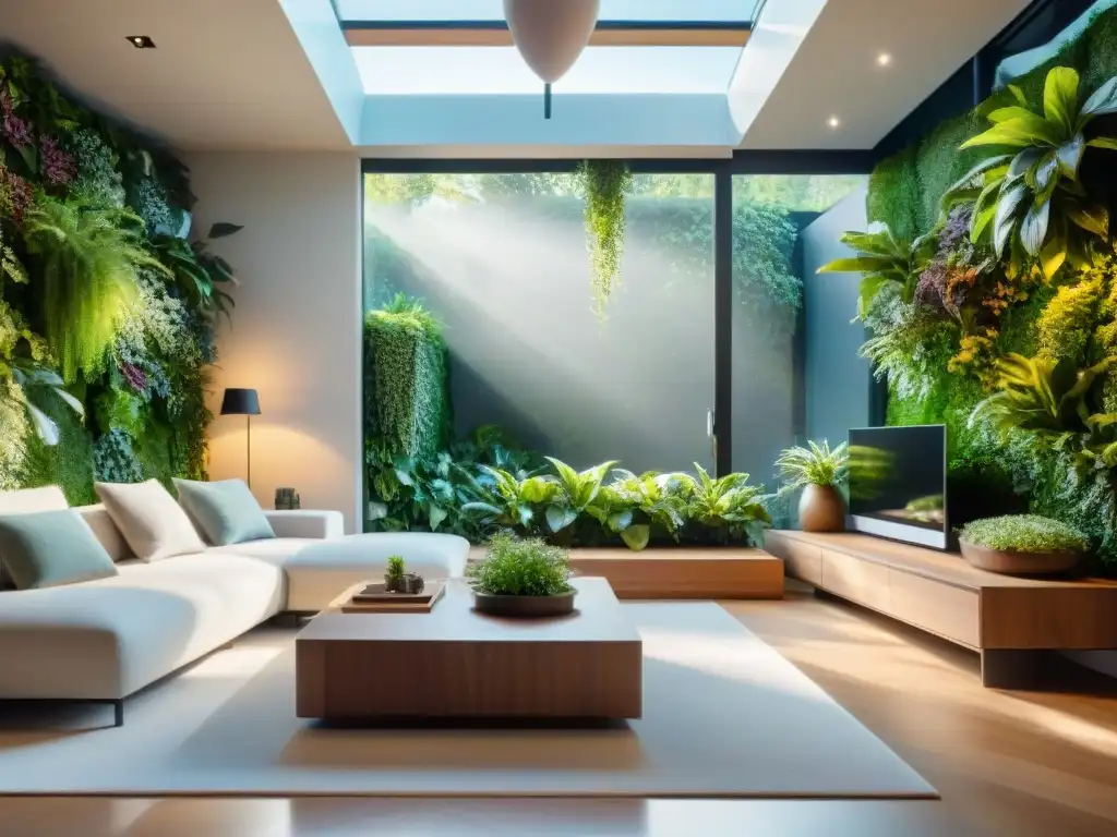 Un hogar inteligente y ecológico con una pared verde vibrante, fusionando tecnología y naturaleza en un espacio contemporáneo