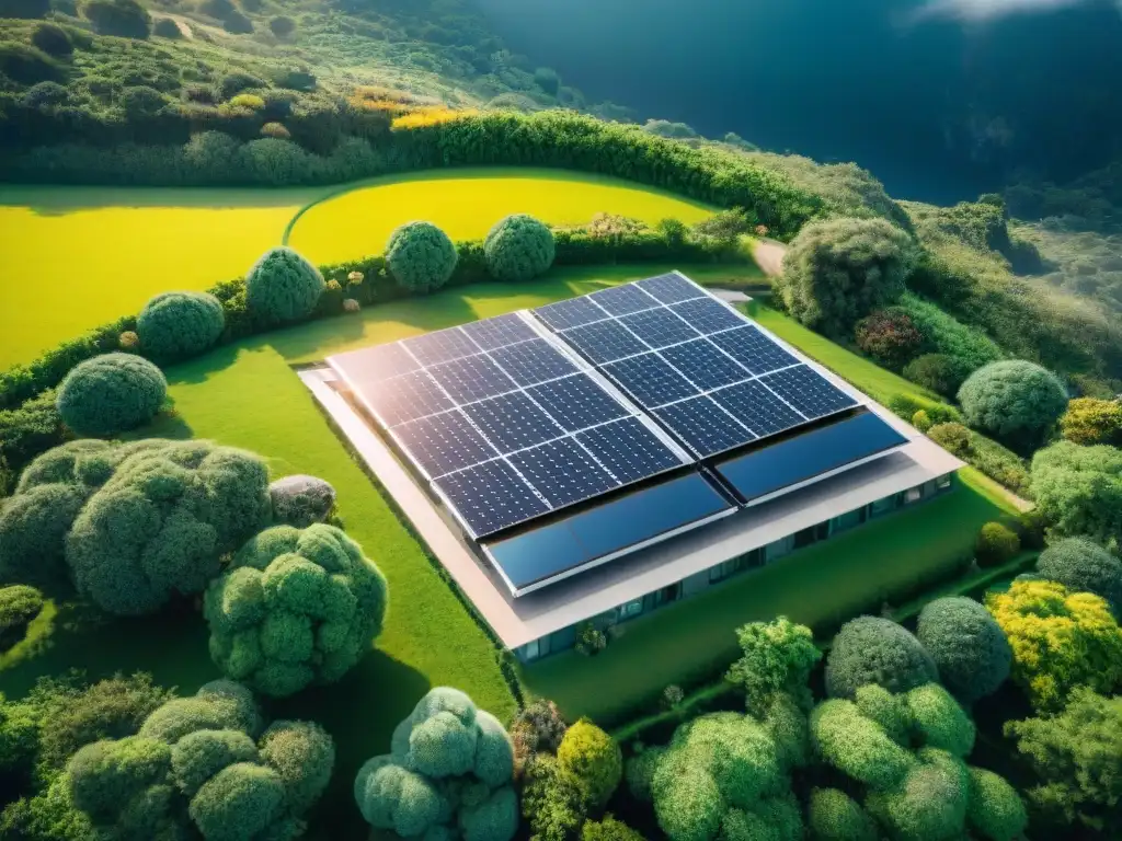 Un hogar inteligente integrado en un paisaje verde, con paneles solares, molinos y gestión energética inteligente en arquitectura