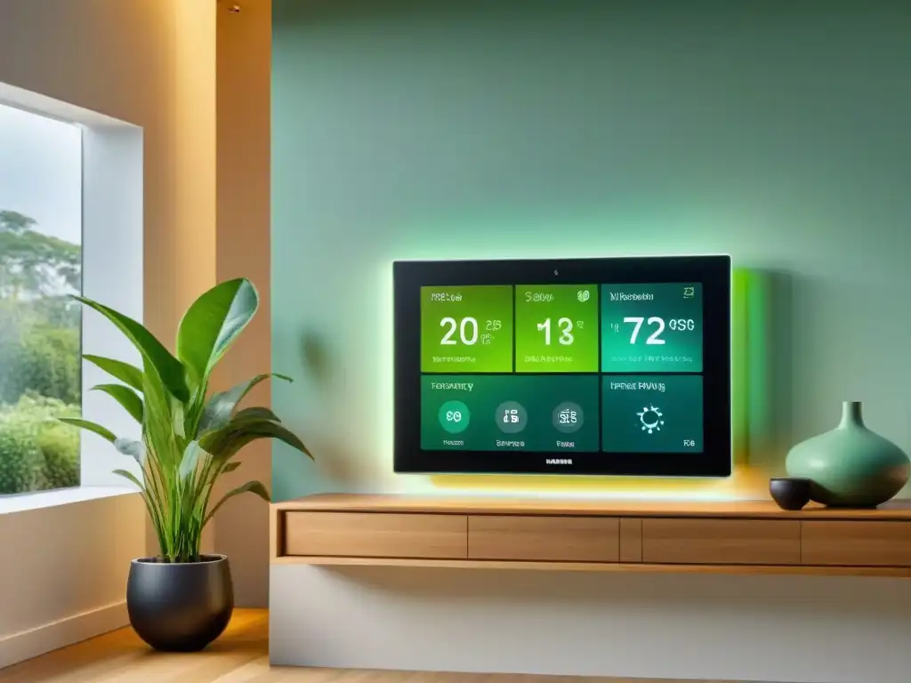 Un hogar inteligente moderno en acción, con panel de control central y dispositivos conectados trabajando juntos para eficiencia energética