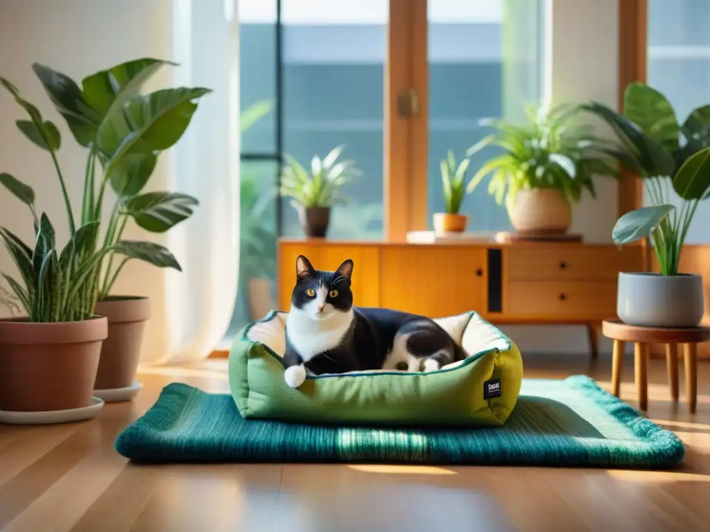 Un hogar lleno de luz solar, con una cama para mascotas acogedora junto a plantas verdes, un gato curioso y un perro feliz jugando