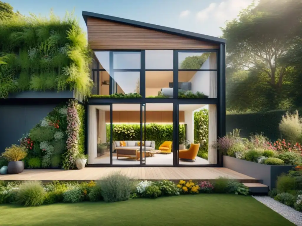 Un hogar moderno y ecoamigable con jardines verticales y paneles solares, fusionando naturaleza y tecnología