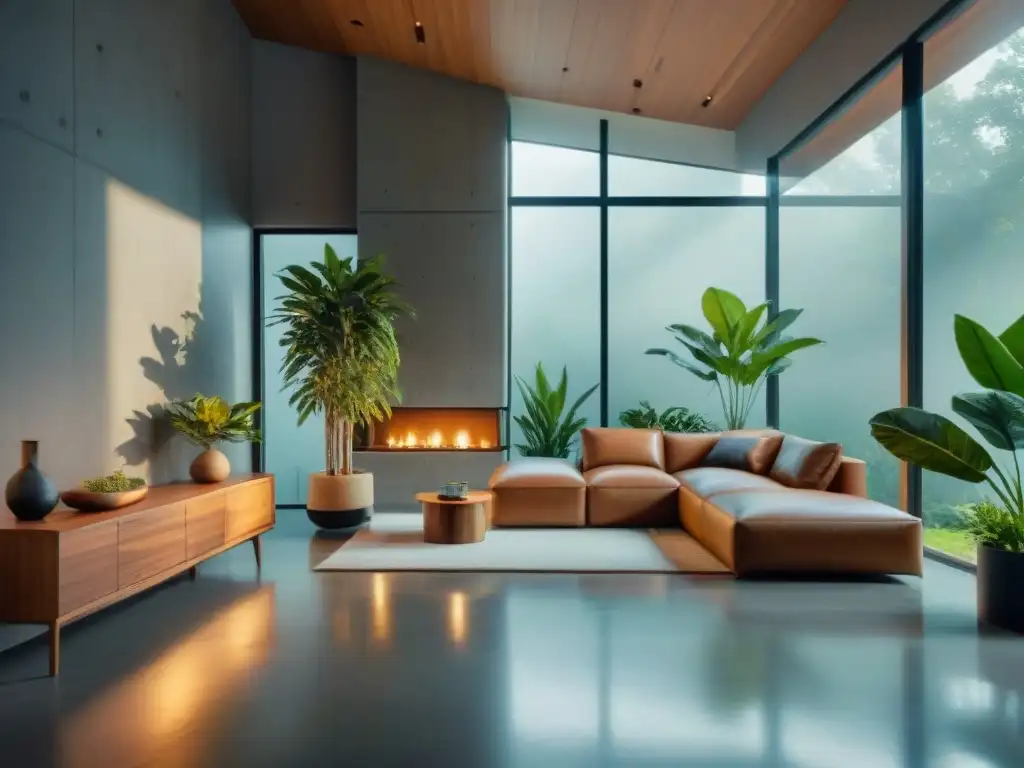 Diseño interior ecofriendly: hogar moderno con detalles naturales Un hogar moderno y ecológico con suelos de concreto pulido y detalles de madera sostenible