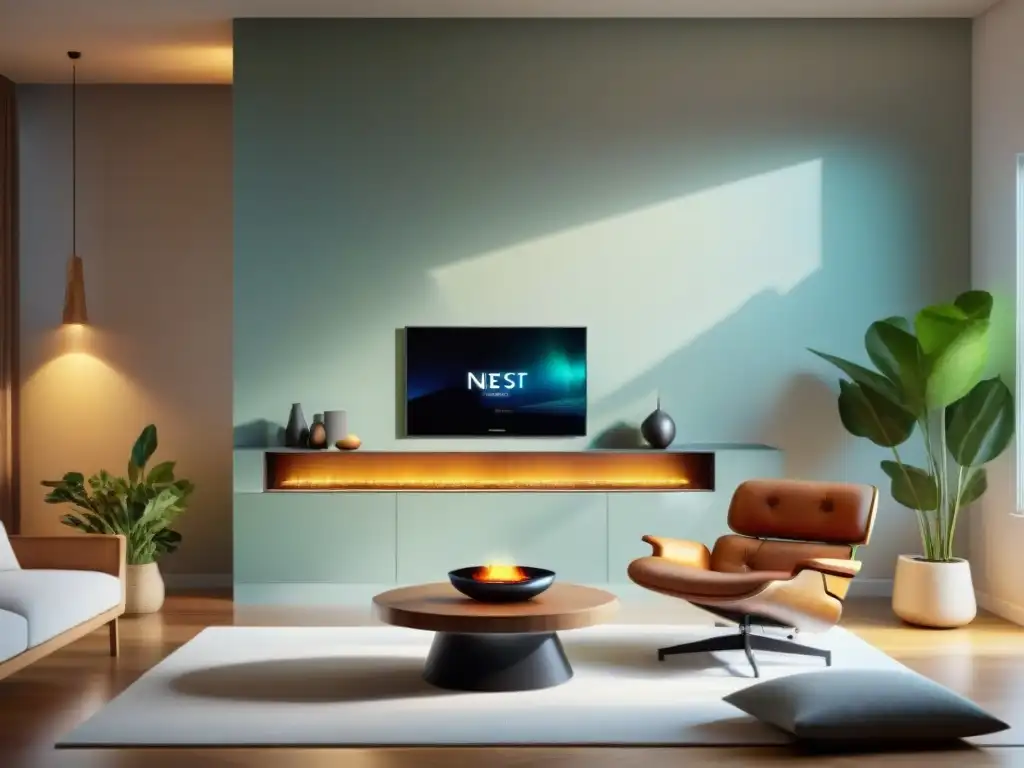 Un hogar moderno con tecnología Smart Home eficiente energía: termostatos Nest y ecobee destacan en un ambiente futurista y sostenible