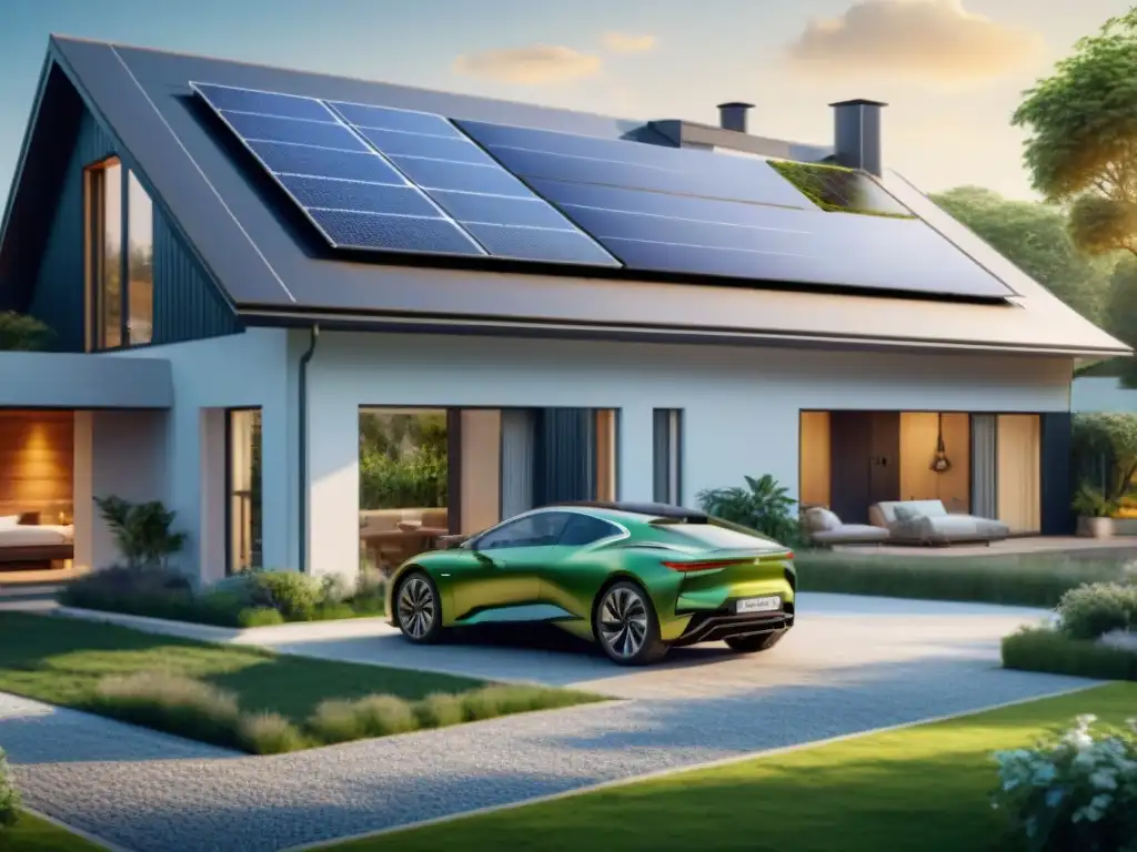 Un hogar moderno y eficiente con paneles solares, jardín verde y auto híbrido