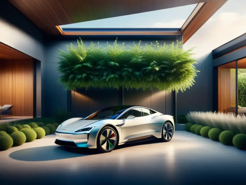 Un hogar moderno con tecnología verde para hogar: auto eléctrico en garaje ecológico con paneles solares y estación de carga