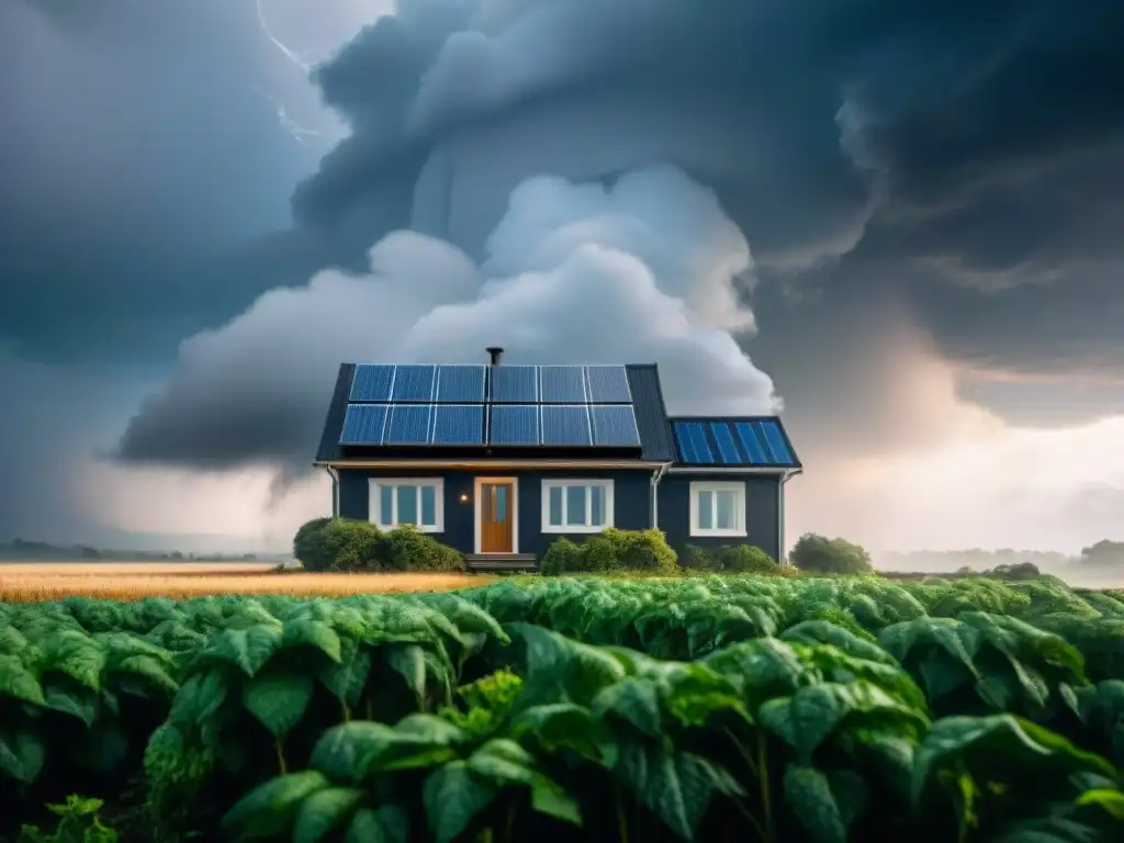 Un hogar resiliente frente al cambio climático, con paneles solares y jardines, bajo nubes tormentosas