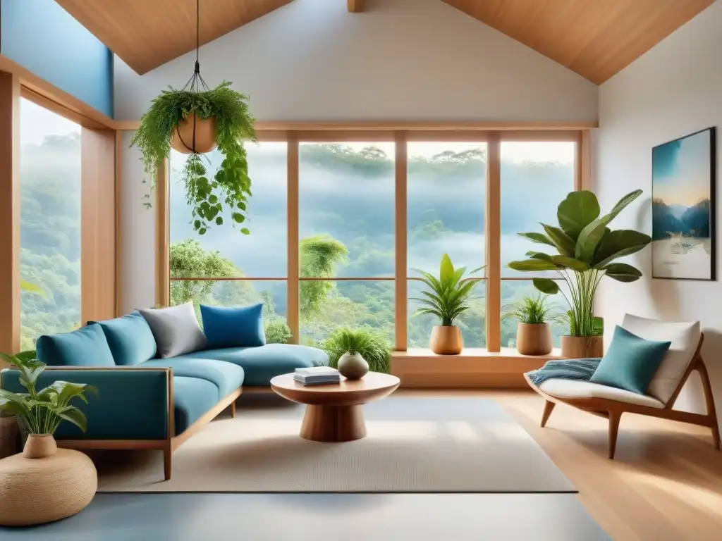 Un hogar saludable con diseño biofílico: sala iluminada por el sol, muebles de madera y plantas en armonía con la naturaleza