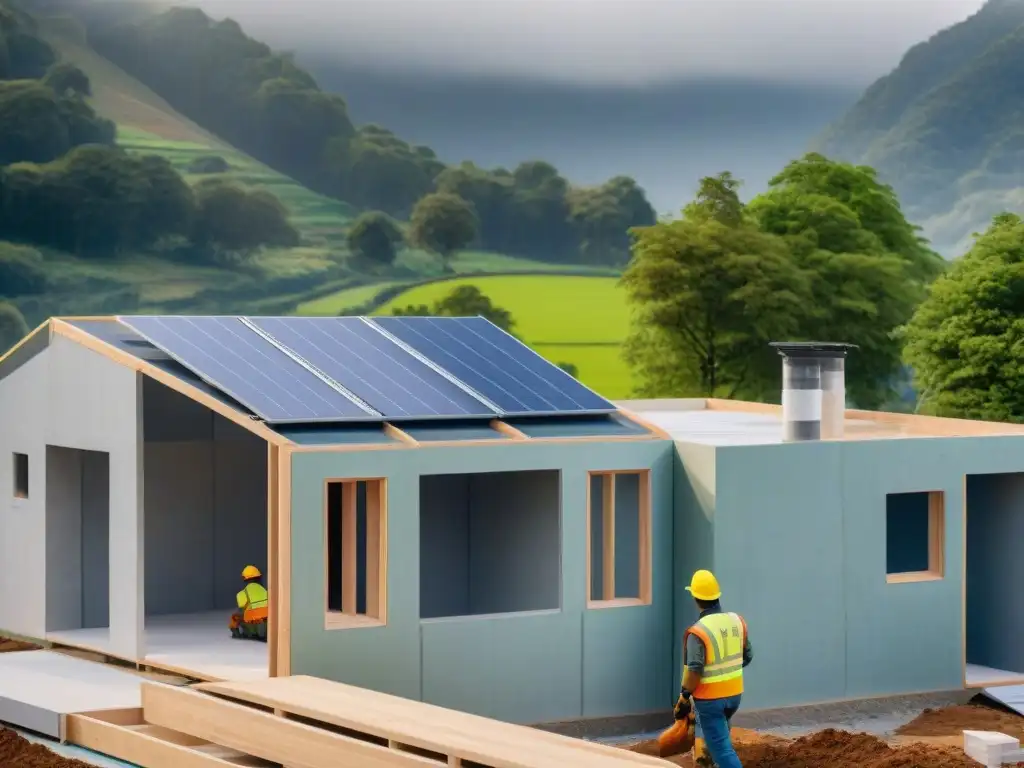 Un hogar sostenible en construcción con aislantes naturales, trabajadores ecoamigables luchando contra el cambio climático