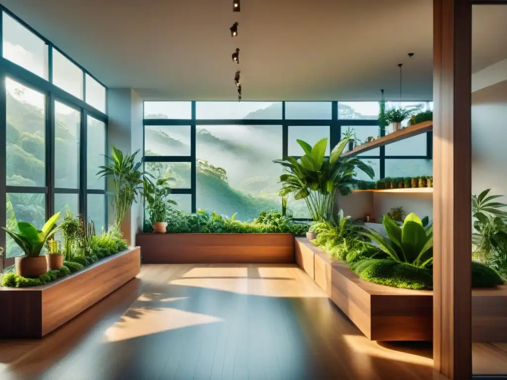 Un hogar sostenible con diseño biofílico: un exuberante oasis interior lleno de plantas en macetas, muebles de madera y luz suave