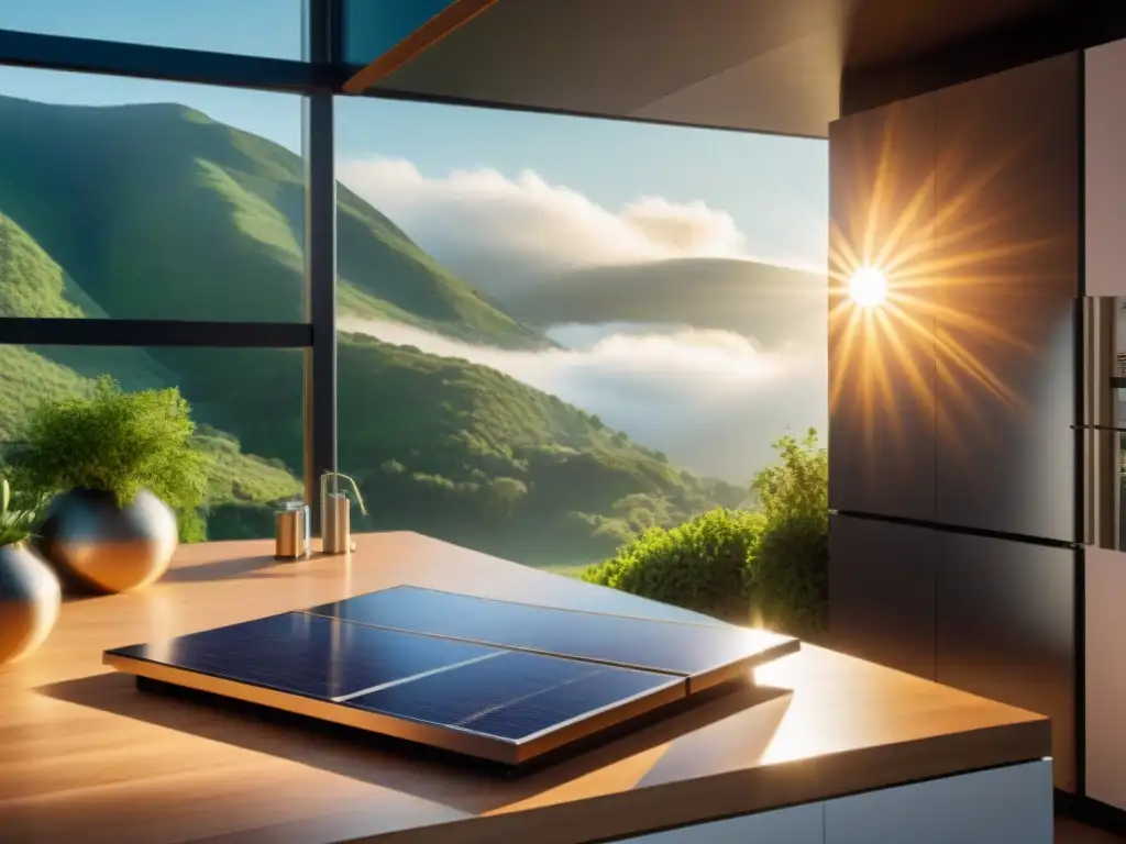 Panel solar brillante en cocina eco: detalles y eficiencia Un hogar sostenible con energía solar, electrodomésticos eficientes y diseño ecológico
