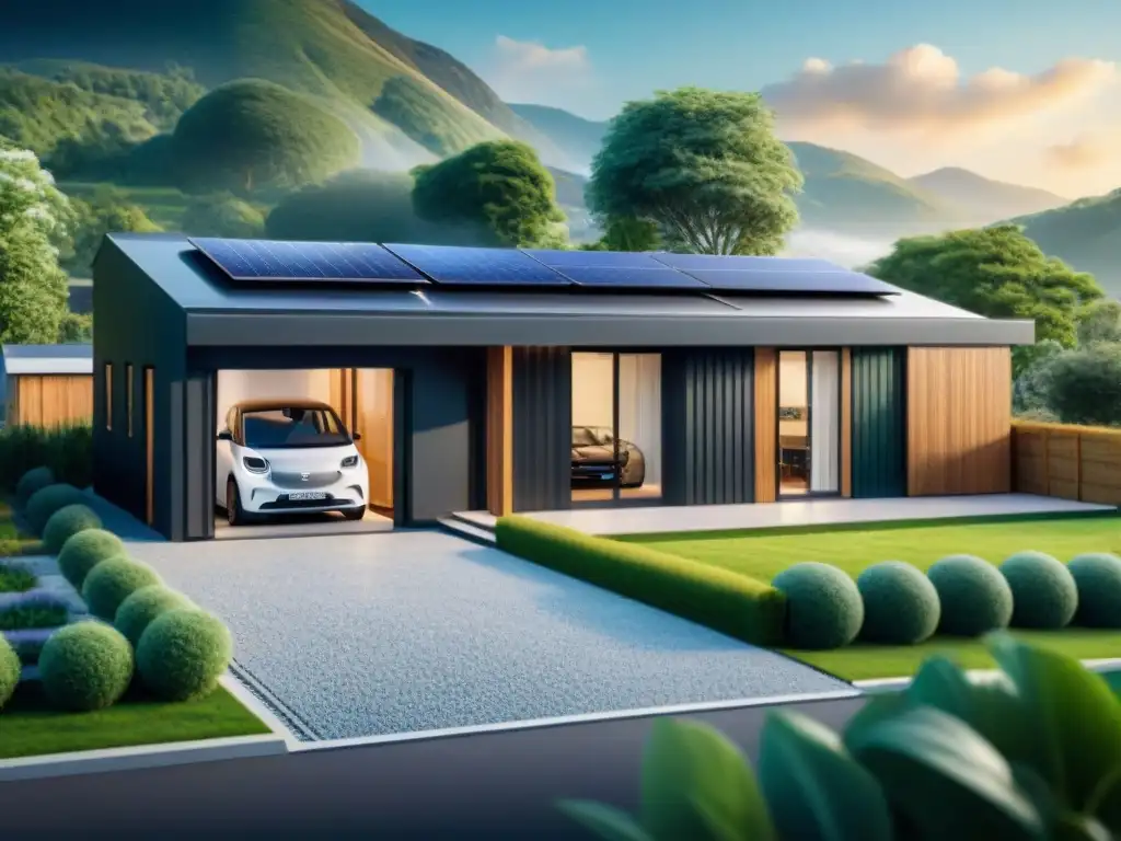 Un hogar sostenible inteligente con tecnología, paneles solares, jardín verde y estación de carga para vehículos eléctricos