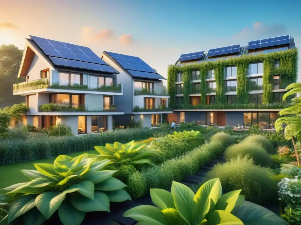 Un hogar sostenible: moderno complejo residencial entre vegetación, paneles solares, jardines y familias disfrutando