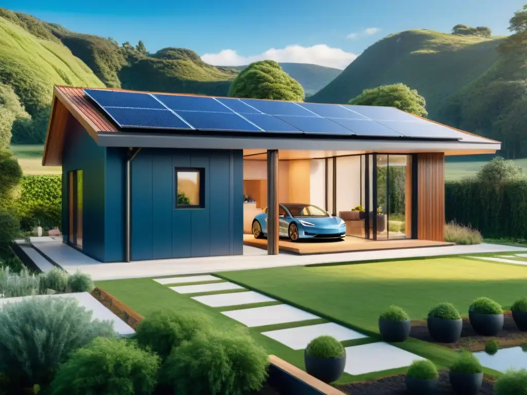 Un hogar sostenible moderno con energía renovable: paneles solares, turbina eólica y batería Tesla