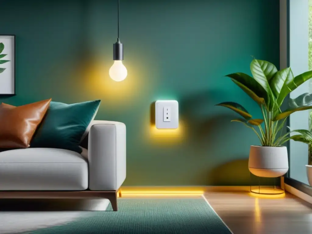 Un hogar sostenible y moderno con Smart Plugs integrados, iluminación eficiente y decoración ecofriendly