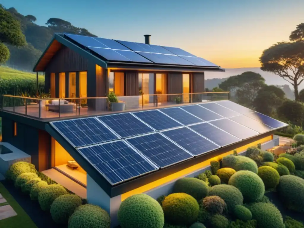 Hogar sostenible con paneles solares, cosecha de agua y jardines verdes al atardecer