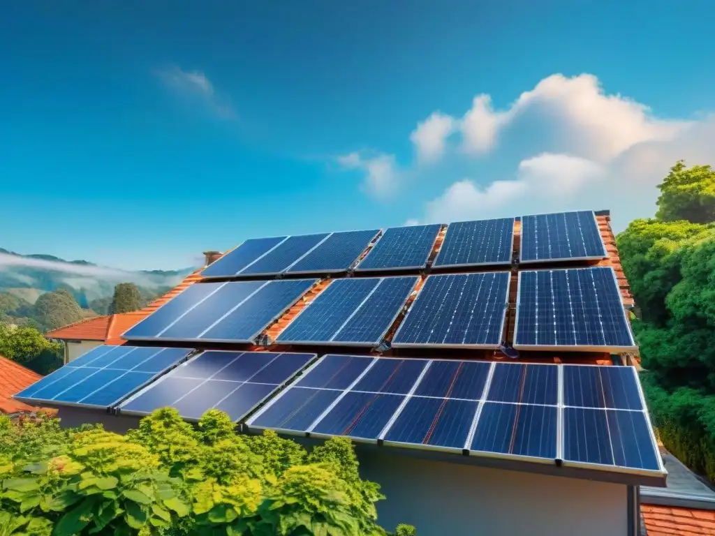 Sistema solar en tejado ecológico: energía limpia y modernidad Un hogar sostenible con paneles solares en el techo, rodeado de vegetación y cielo azul