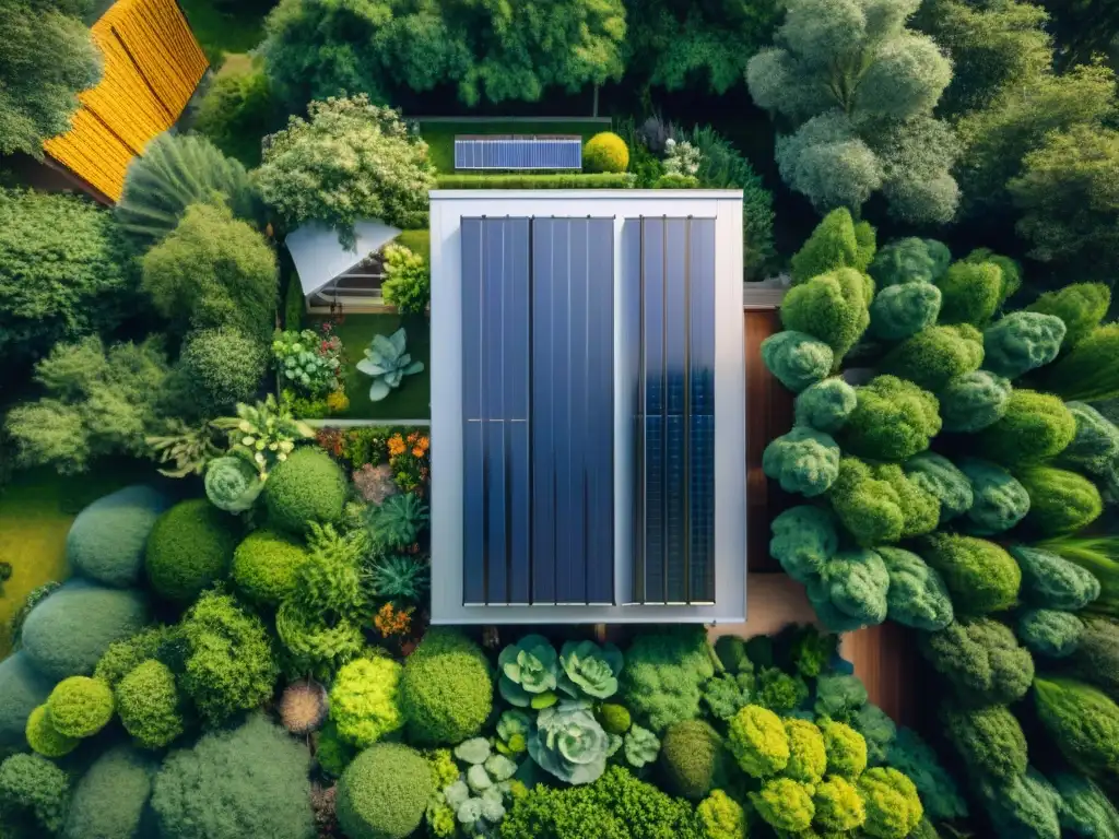 Hogar sostenible con paneles solares, jardín y recolección de agua