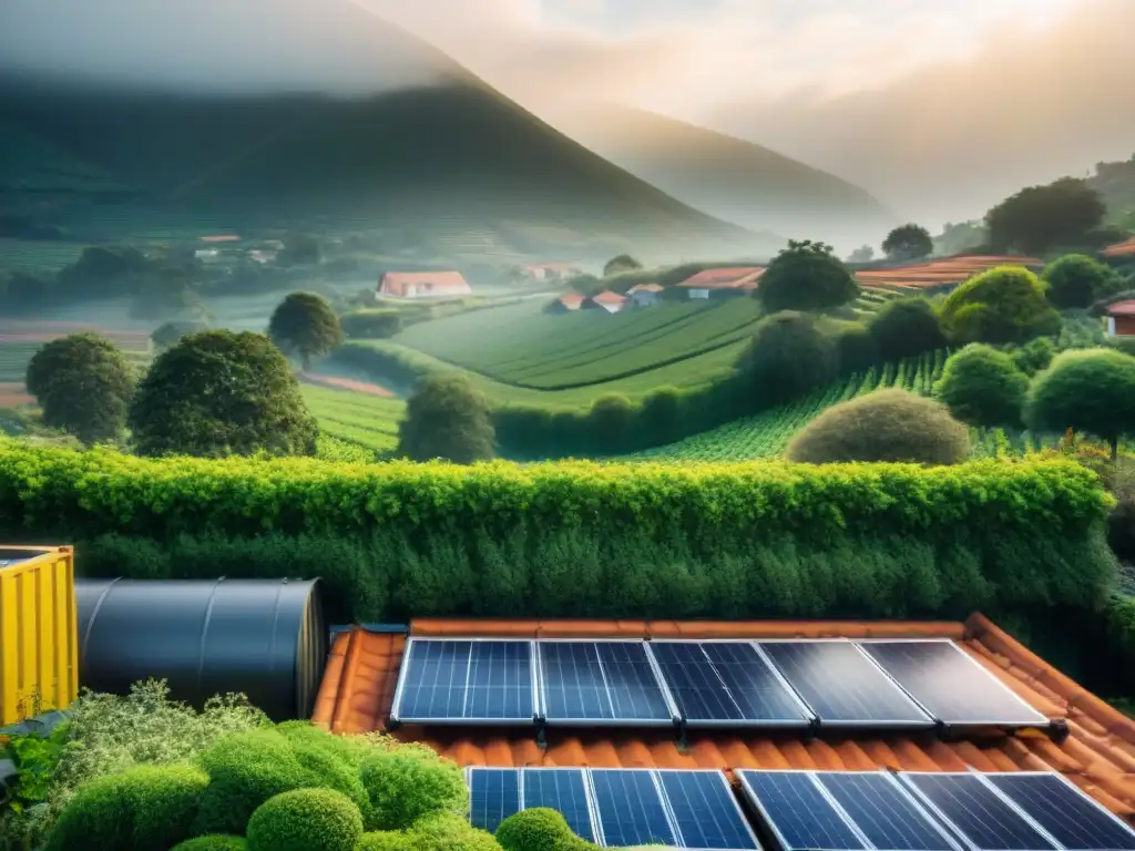 Un hogar sostenible con paneles solares, jardín verde, barriles de recolección de agua de lluvia, área de compostaje y un pequeño aerogenerador