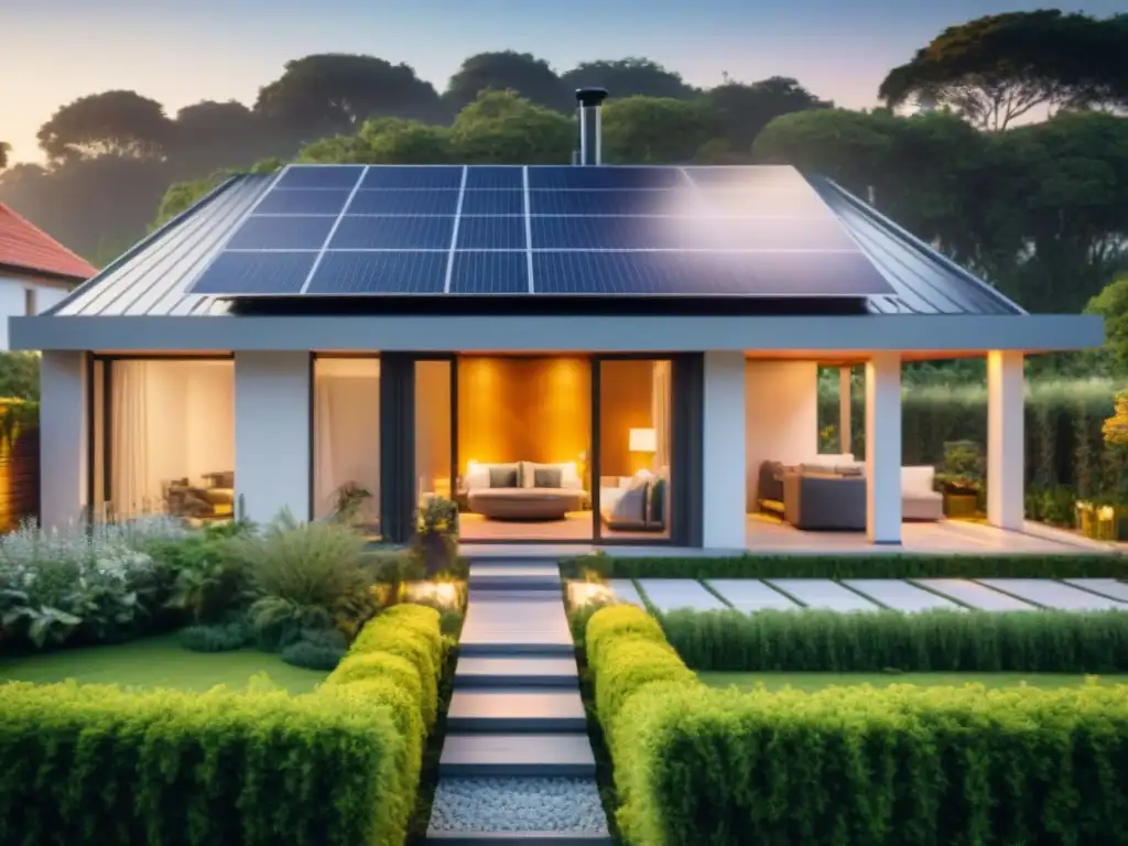 Hogar sostenible con paneles solares y jardín ecológico al atardecer